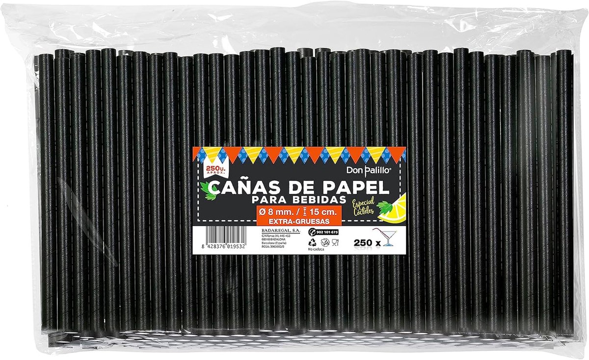 250 Zwarte Papieren Rietjes - Biologisch Afbreekbaar & Composteerbaar - 150x8mm