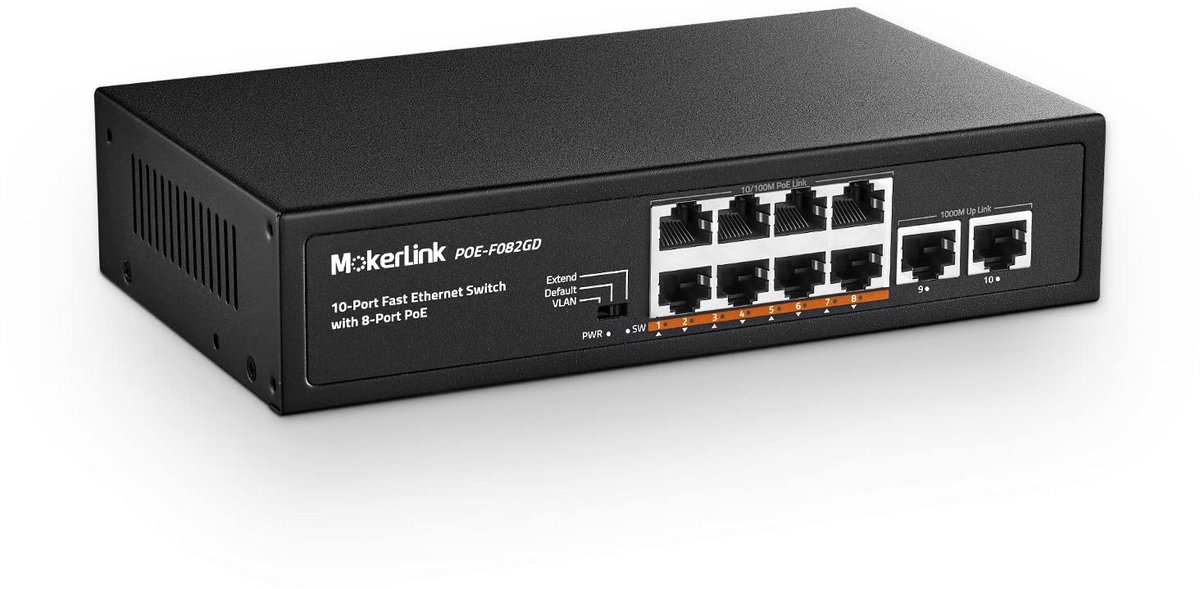 10-Poorts PoE Switch met 8 PoE+ Poorten en 2 Gigabit Uplinks - Plug & Play