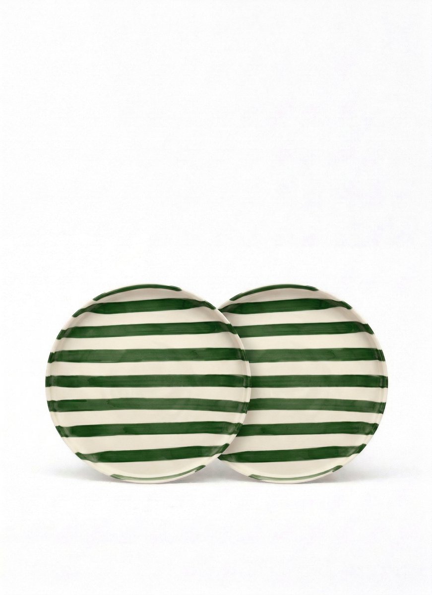 vtwonen - Borden - Lunchbord - Strepen - Groen - Set van 2 - Keramiek - 20cm