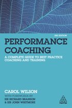 Boek "Performance Coaching", 3e editie, met een gedetailleerd blauw blad op de achtergrond.