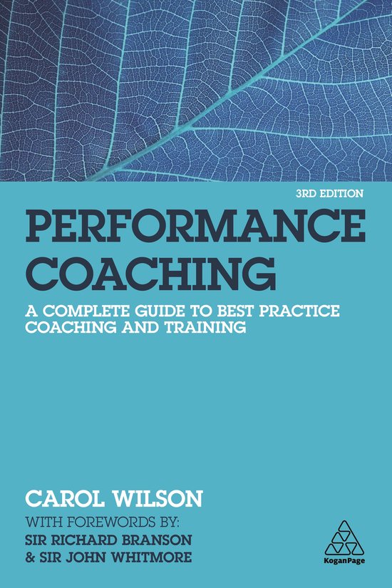 Boek "Performance Coaching", 3e editie, met een gedetailleerd blauw blad op de achtergrond.