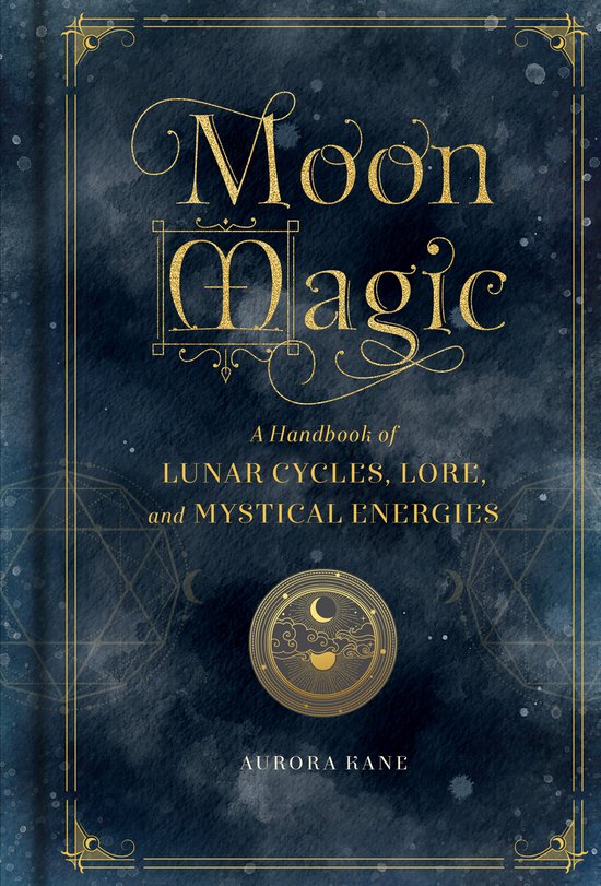 Boekomslag 'Moon Magic', met de titel in gouden glitterschrift op een donkerblauwe, marmerachtige achtergrond.