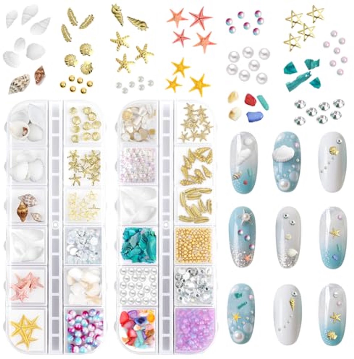Nageldecoratie - Maritieme Thema - 2 Dozen met Strassstenen en 3D Zeedieren