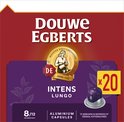 Douwe Egberts Lungo Intens aluminium capsules. Intensiteit 8/12. Rode verpakking met paarse en gouden details. 20 capsules.