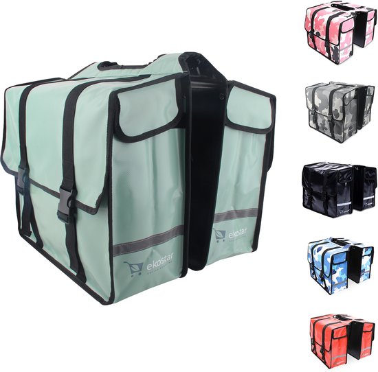 Mintgroene dubbele fietstas met zwarte banden en gespen. Ook verkrijgbaar in camouflage, zwart, blauw en rood.