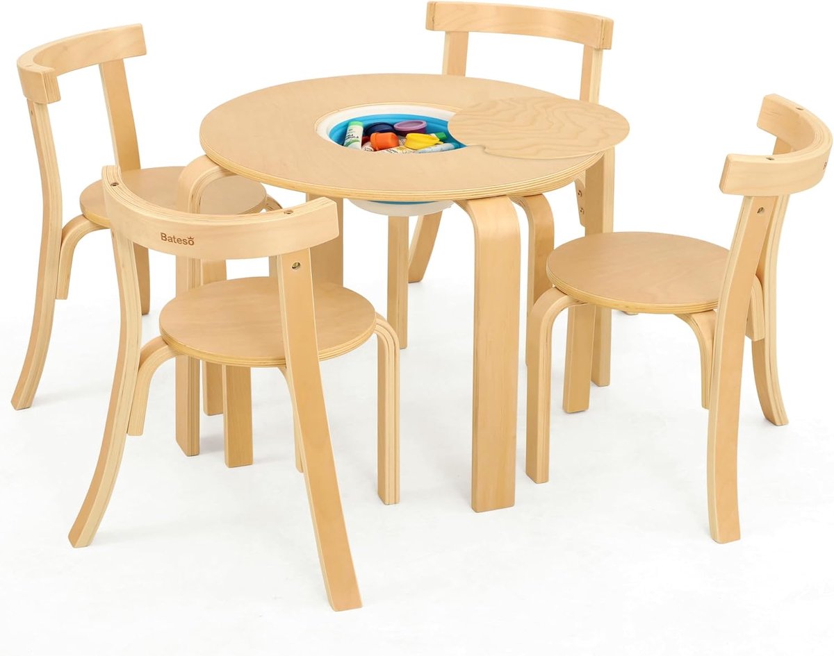 Kindertafel Set: Ronde Kindertafel met 4 Stoelen en Opbergplanken