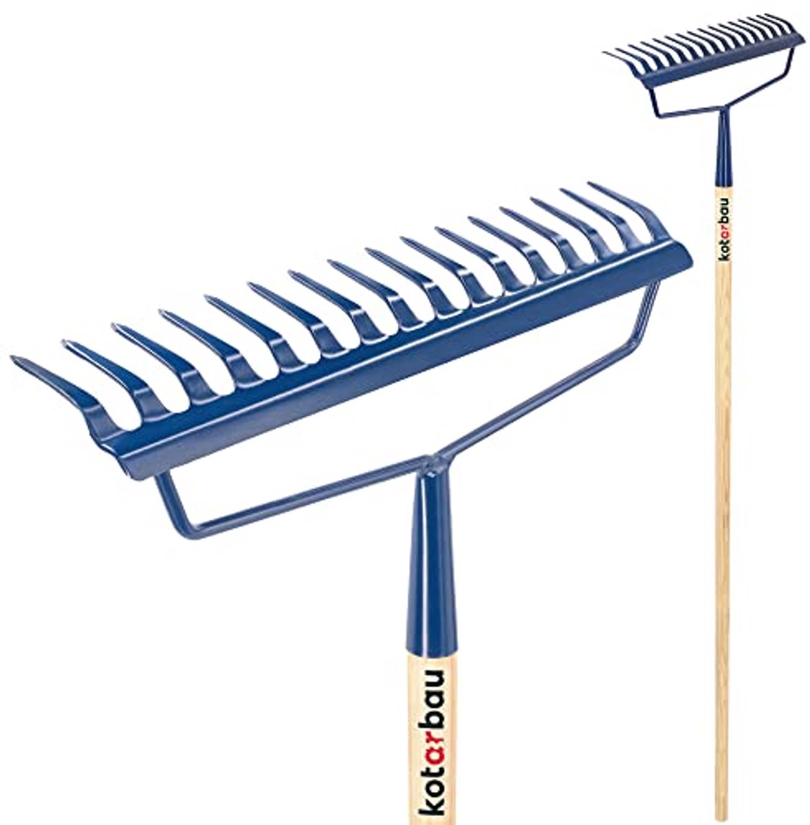 KOTARBAU® Tuinhark, Versterkt, Bladhark, Staal, 43 cm, Marineblauw, met Houten Steel, 164 cm, 16 Tanden, voor Gazon, Stevige Hark, Metalen Hark, Ergonomisch Tuingereedschap