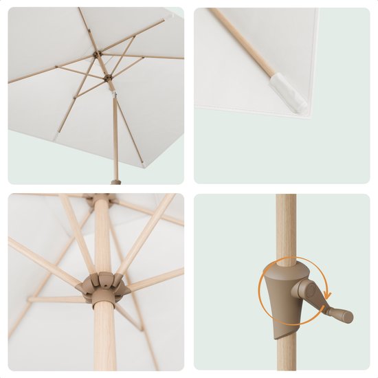 Collage van detailfoto's van een witte parasol: houten frame, paal met zwengel.