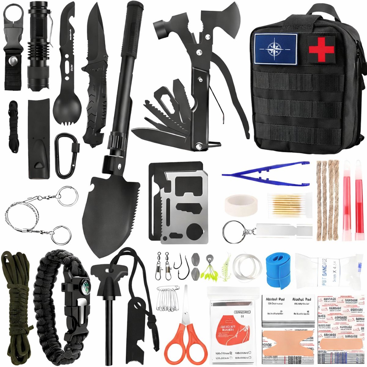 XXL Survival Kit 92-in-1 – Noodpakket Outdoor & Camping – Bushcraft Survival Set met EHBO Kit, Multitool, Bijl, Zaklamp & Paracord – Inclusief Tactische Tas met NAVO Patch