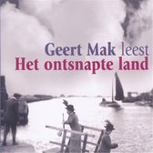 Boekomslag met de tekst 'Geert Mak leest Het ontsnapte land'. Afbeelding van een waterlandschap met drie personen in historische kledij.