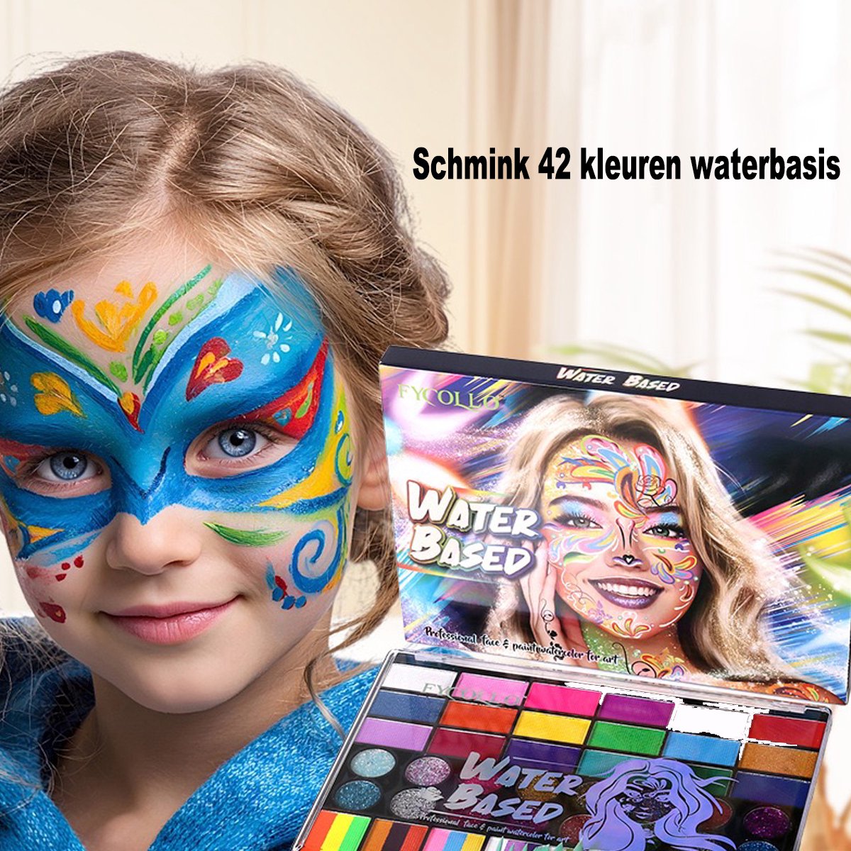 Schminkset - 42 Kleuren - Waterbasis - Incl. 6 Penselen & Sjablonen - Hét Ideale Koningsdag & Festival Cadeau - Veilig voor Kind & Volwassenen — afbeelding 4