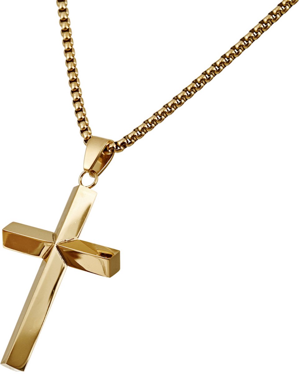 Decopatent - RVS Kruis Ketting met schakel ketting - Goudkleurige Kruishanger - Christelijke Ketting voor Heren & Dames - 60 Cm - Stijlvolle RVS Halsketting