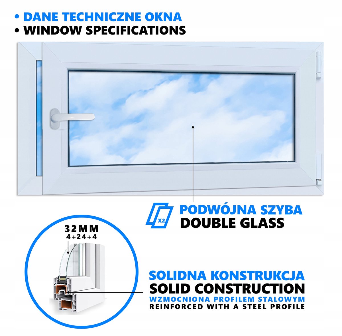 PVC-raam wit 100x50 RECHTS, nieuw 1000x500mm dubbelglas draai-kiepraam