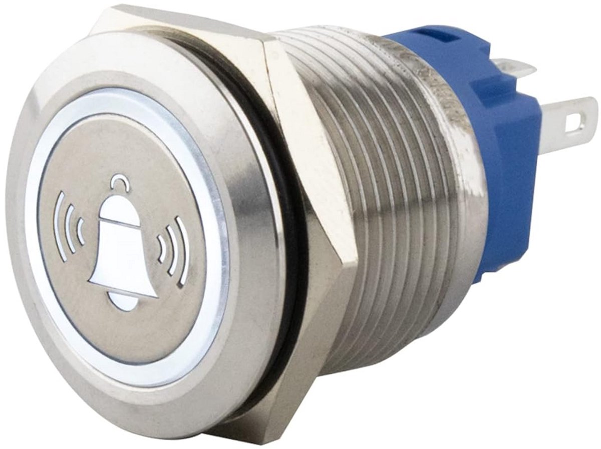 Drukknop RVS 19mm Tastend Plat met Witte LED Bel Verlichting