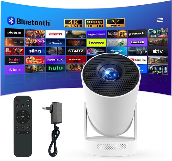 Draagbare Mini Beamer 4K 1080P met Bluetooth 5.4, 5W Woofer, HDMI, Automatische Keystone en 180° Draaibaar