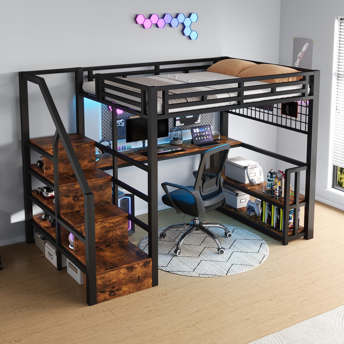 MODFU Hoogslaper 140x200 cm van metaal en MDF, met bureau, opbergruimte en LED-verlichting Zwart