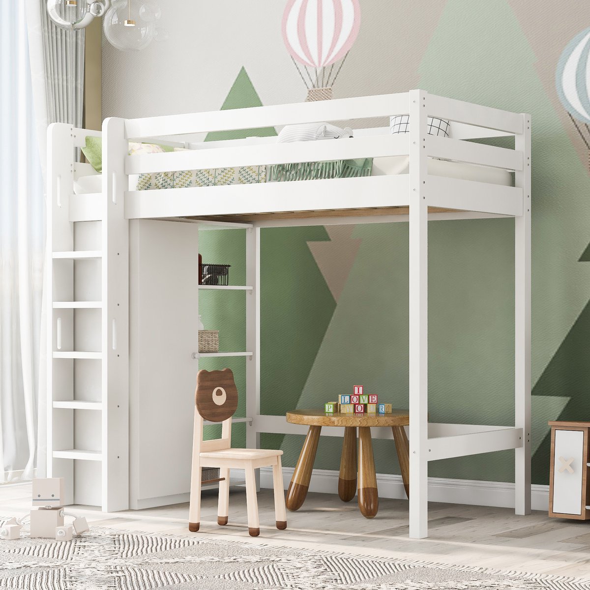MODFU Kinderbed Hoogslaper 90x200 cm – Met Kledingkast & 6 Planken – EN747 Veilig – Wit – E1 Spaanplaat – Instelbare Legplanken – Max. 120 kg – Mini-appartement voor Kinderslaapkamer