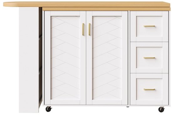 Chariot de bar extensible 135-228x39x104 cm Blanc Meuble de bar mobile avec 2 portes 3 tiroirs MDF Métal Îlot de cuisine Table de bar avec plateau aspect bois
