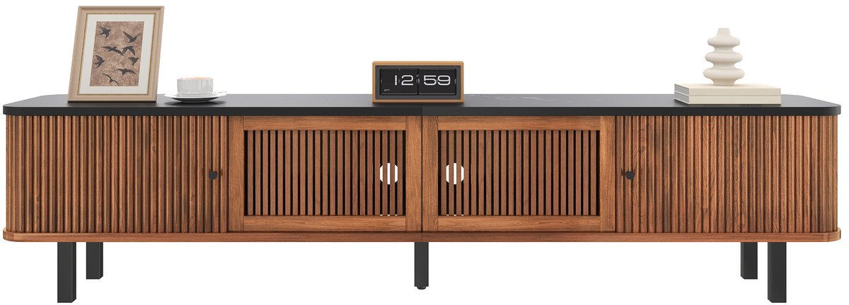 Clruro TV-Meubel - 190 x 35 x 45 cm - Lowboard met 2 Schuifdeuren en 2 Roosterdeuren - MDF - Houtkleur Walnoot