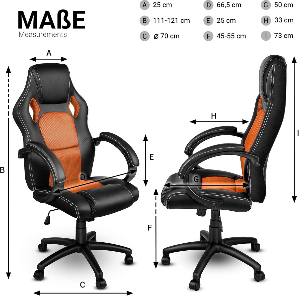 Directiestoel Bureaustoel Casa Velluto Titan Racing Zwart/Oranje – Ergonomische Draaistoel met Hoofdsteun, Verstelbare Zitting, Wipmechaniek en Duurzaam Nylon Onderstel – Executive Kantoorstoel voor Thuis en Werk