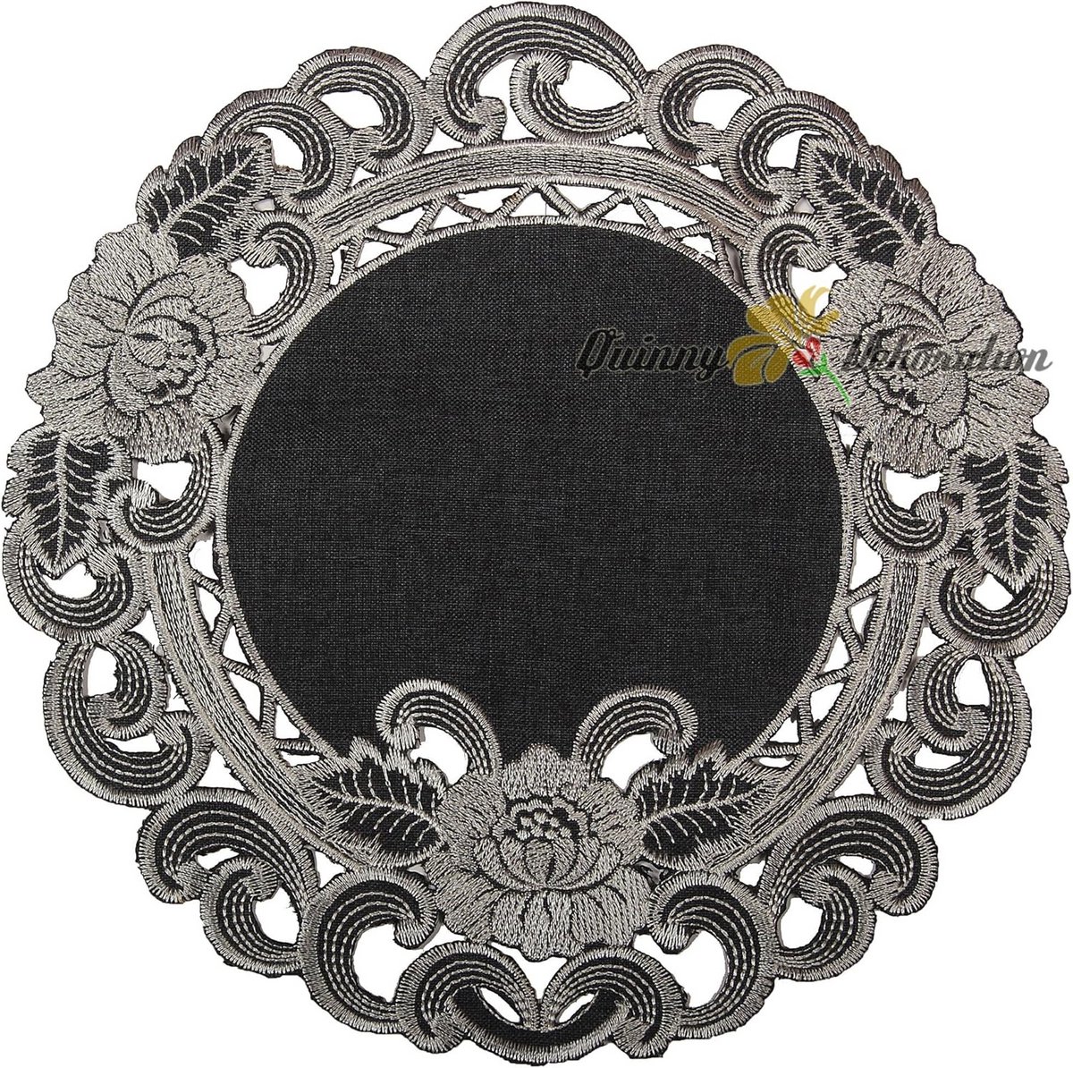 Ronde Tafelkleed met Bloemen Borduursel, Linnenlook, Grijs (30 cm)