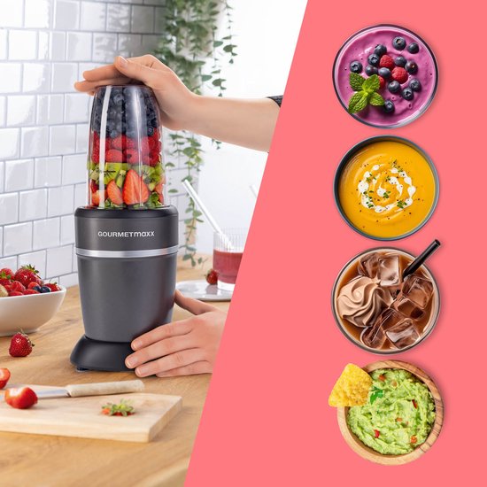 GOURMETmaxx Nutrition Mixer 1000 Watt - Smoothiemaker met deksel voor onderweg - Standmixer met mixbeker & vershouddeksel - ideaal om te bewaren - Standmixer met accessoire set L voor shakes, smoothies enz. van Merkloos — afbeelding 4