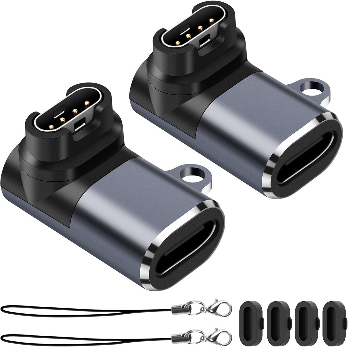 Qost - USB-C naar Garmin Adapter - Spacegrey - Oplaad Connector 90 Graden - Compatibel met Garmin Instinct / Forerunner / Fenix - 2-Pack