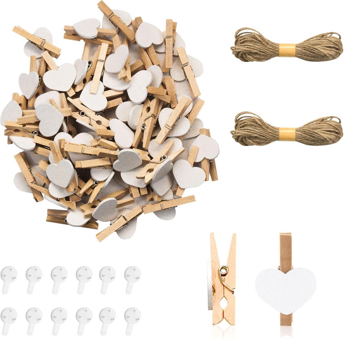 Mini Houten Wasknijpers met Jute Touw en Ophanghaken voor Foto's en Decoratie
