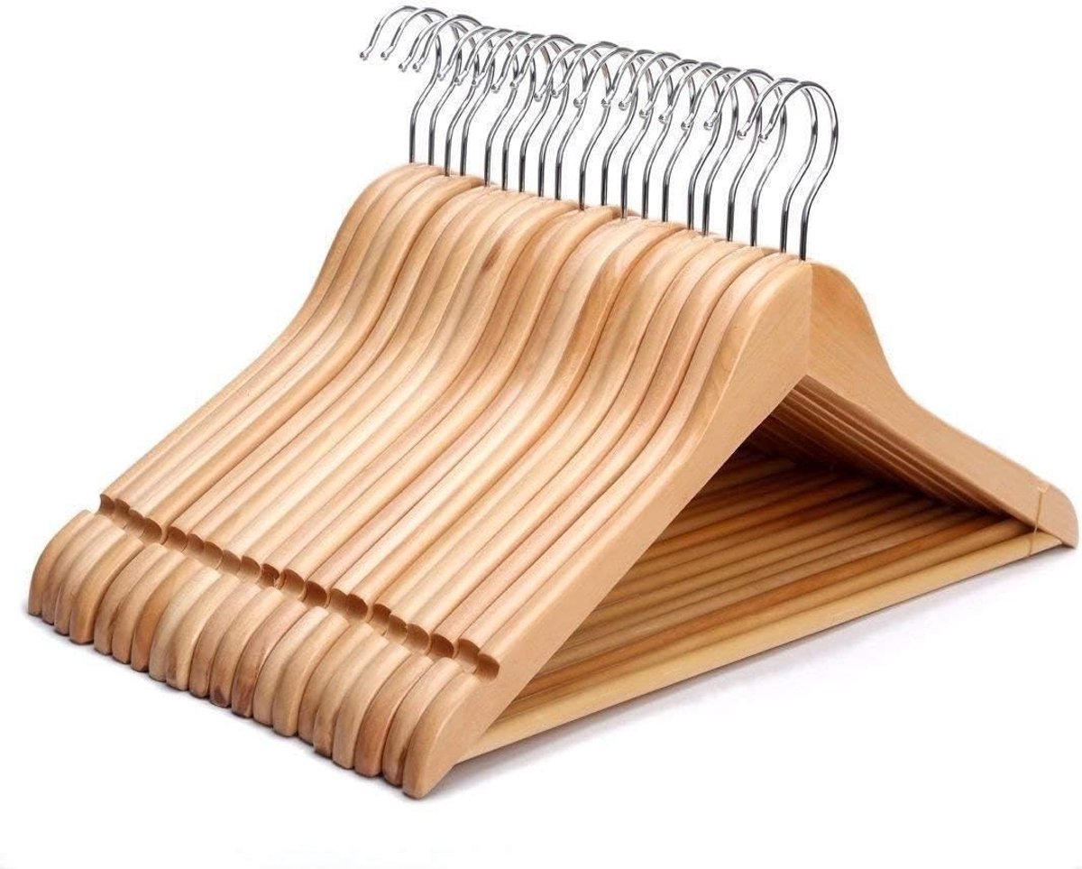 Set van 10 Houten Kledinghangers met Antislip Broekstang - 45cm