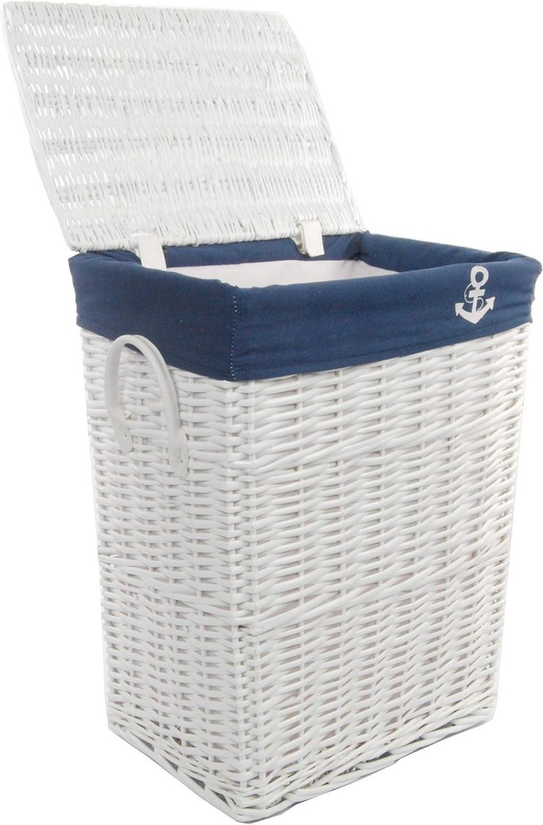 Wasmand Hoekmodel Gevlochten Willow Wit Blauw met Deksel 48x36x62 cm