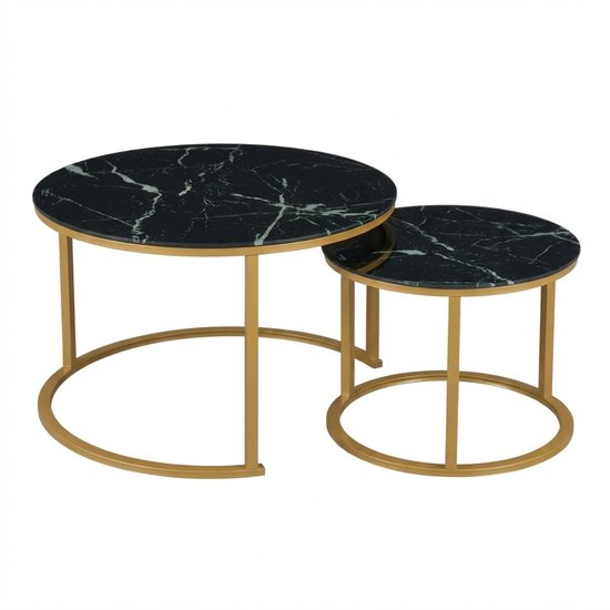 EleganceEssentials - Ensemble de Tables Basses - Rond - Noir Effet Marbre - Ø70 & Ø50 cm - Pieds Dorés