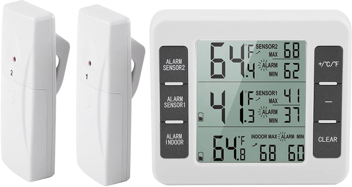Draadloze Digitale Koelkast en Vriezer Thermometer met Binnen/Buiten Sensor en Alarm