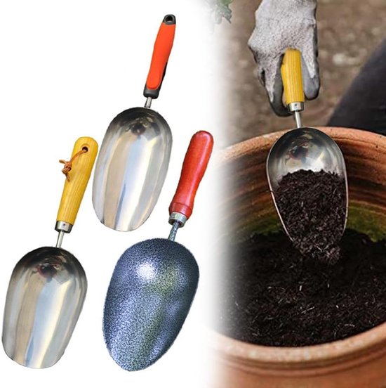 Roestbestendige tuinbouw potschep - premium roestvrijstalen kom + massief ashouten handvat voor efficiënte planten, verpotten en compostoverdracht van Merkloos	 — afbeelding 2