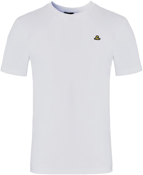 Lichtgrijs t-shirt met klein geel logo op de borst.