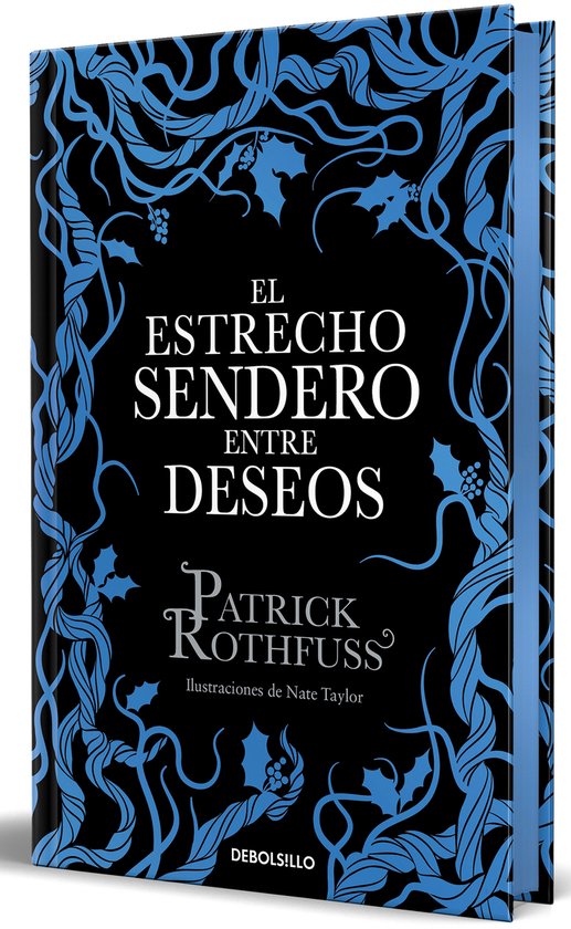 Boek met een zwarte kaft versierd met blauwe, kronkelende takken en bladeren. Titel: El estrecho sendero entre deseos.