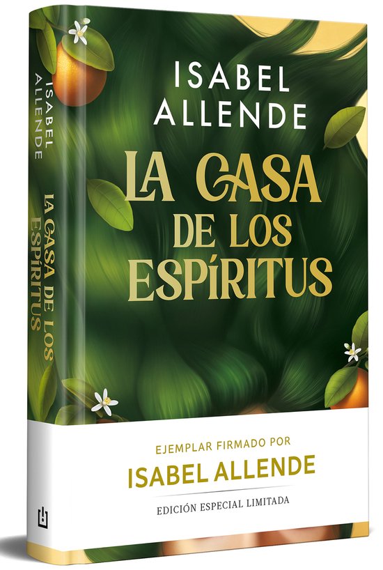 Boek "La Casa de Los Espíritus" door Isabel Allende, met een groen, wervelend ontwerp met sinaasappels en bloemen. "Ejemplar Firmado por Isabel Allende" is afgedrukt.