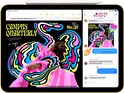 iPad jaune affichant une affiche design, à côté d'une conversation iMessage.