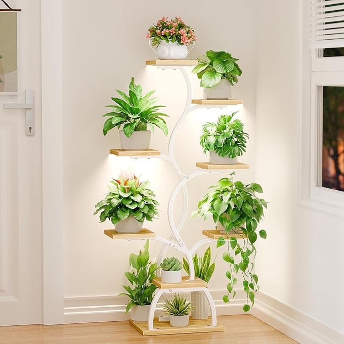 Moderne plantenstandaard met 8 etages en groeilampen, 124 cm hoog, zwart-wit design voor binnen en buiten