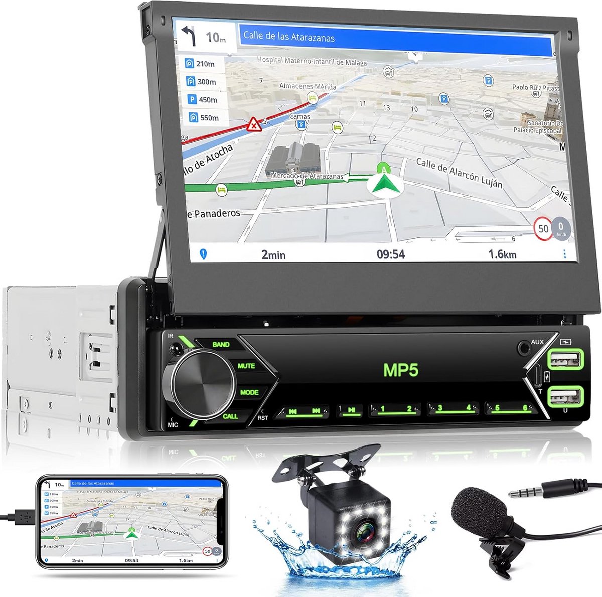 1 Din Autoradio met 7 Inch Intrekbaar Touchscreen, Bluetooth, FM, USB, Type-C en Achteruitrijcamera