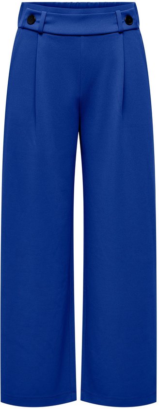 Pantalon bleu cobalt à jambes larges, fermeture à boutons et plis sur le devant.