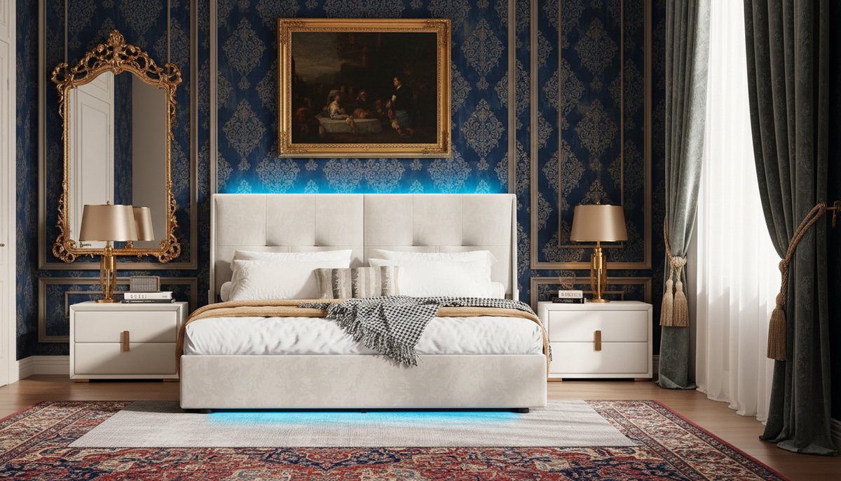 Opbergbed 160x200 cm met LED-verlichting en Gasveer – Casa Velluto Luxe Gestoffeerd Tweepersoonsbed met Hoofdbord, Flanel Bekleding, Lattenbodem en Grote Opbergruimte – Modern Bedframe voor Volwassenen en Tieners – Beige