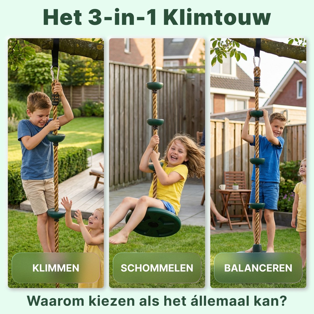 JAXY Schotelschommel - Klimtouw Schommel met Knopen - Kinderschommel Buiten - Buitenspeelgoed - Schommelzitje - Groen — afbeelding 11