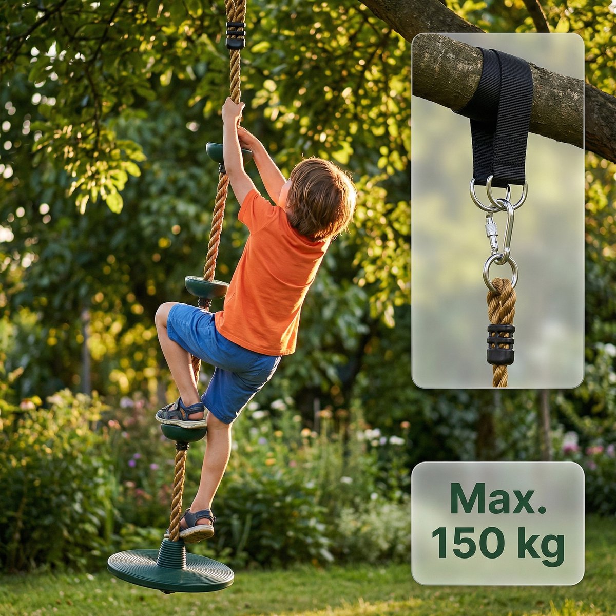 JAXY Schotelschommel - Klimtouw Schommel met Knopen - Kinderschommel Buiten - Buitenspeelgoed - Schommelzitje - Groen — afbeelding 12