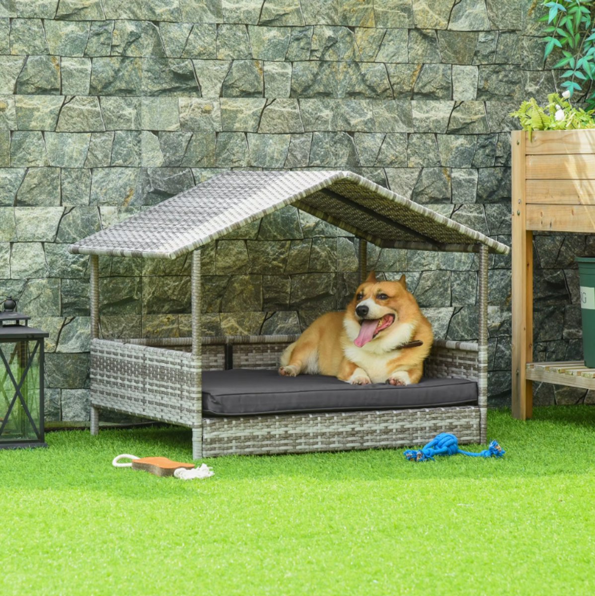 Premium Hondenbed 98x69x73 cm – Comfortabel Verhoogd Hondenhok met Kussen en Dak, Duurzaam Gevlochten Kunststof voor Kleine en Middelgrote Honden tot 50 kg