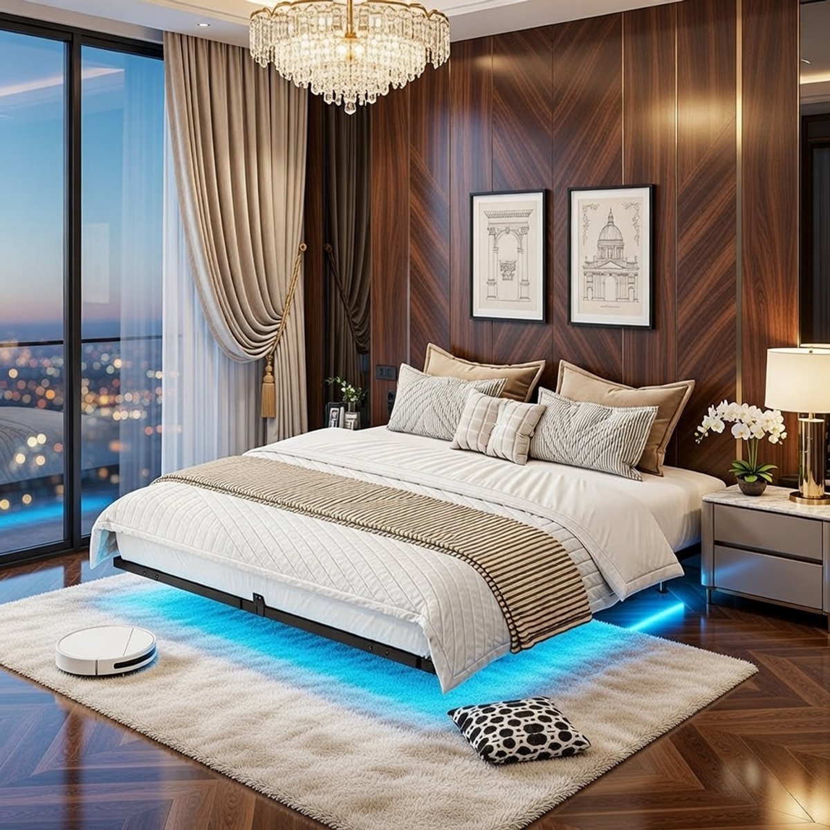 Luxe Zwevend Bed 180x200 cm met LED-verlichting, USB- en Type-C-laadstation, textielbekleding en metalen frame - modern design, operatiekamer en muziekmodus Casa Serena