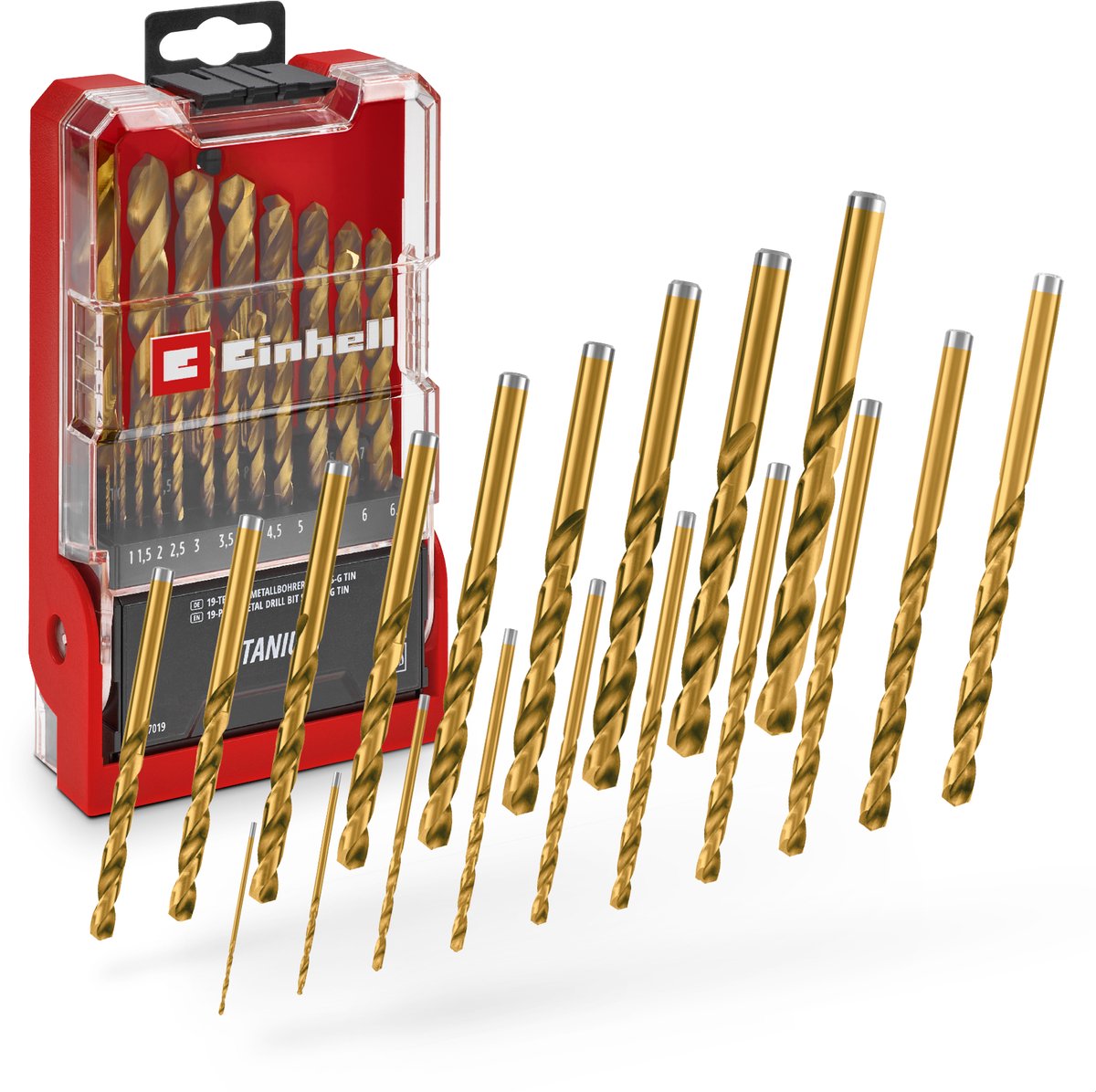 Einhell 19-delige HSS-G titanium metaalboor set (volledig geslepen HSS 4341 staal, titanium gecoat, 135° split-point punt, gefreesde type N spiraal, ronde schacht)
