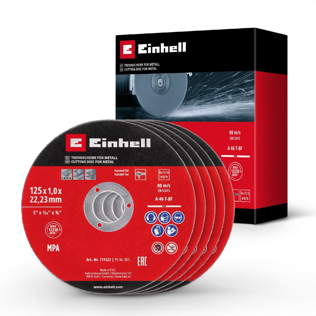 Einhell 5-delige set dunne slijpschijven voor metaal, Ø 125 mm (1 mm dikte, MPA-gecertificeerd, lange levensduur, nauwkeurige, braamvrije sneden, voor haakse slijpers)