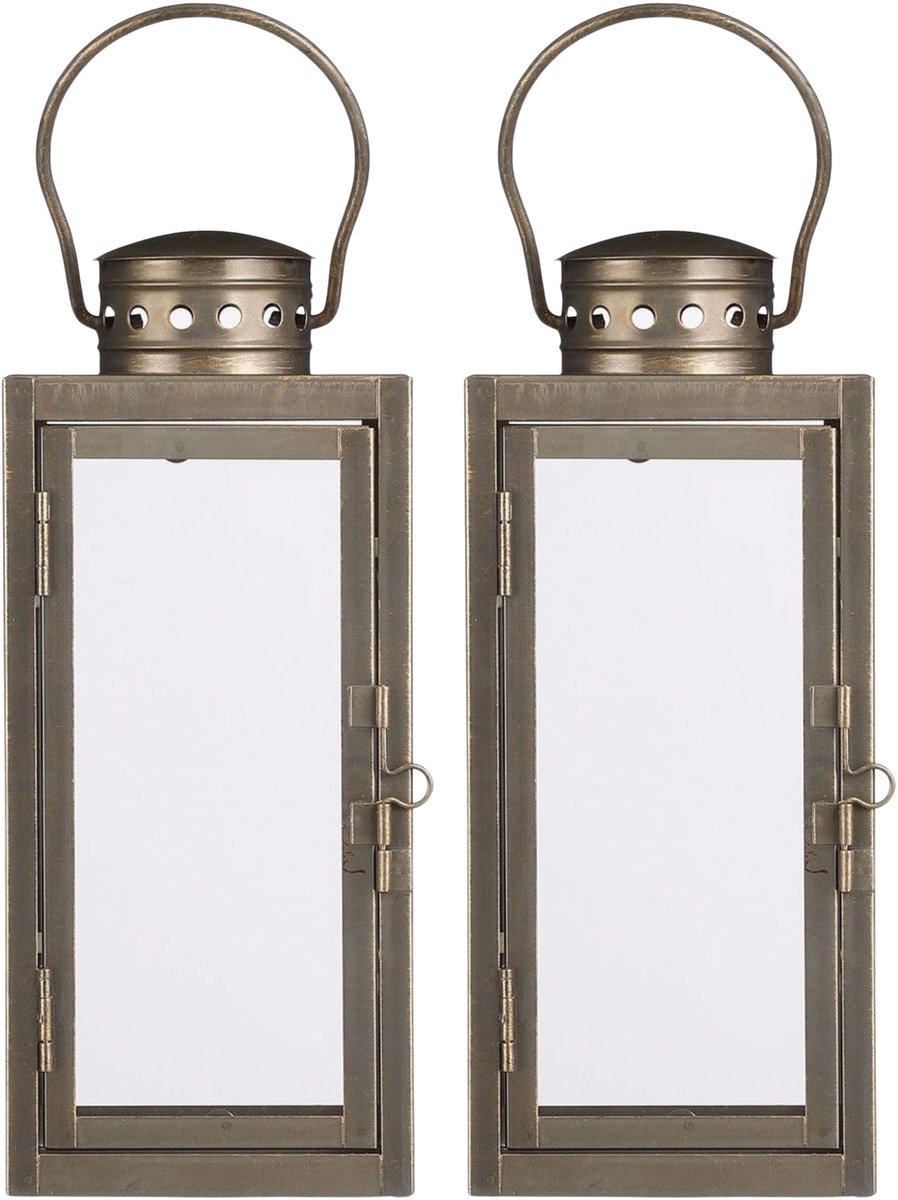 Mica Decorations Lantaarn / windlicht Arzilla - 2x - goud - metaal - verlichting - 10 x 23 cm - voor binnen en buiten Goudkleurig
