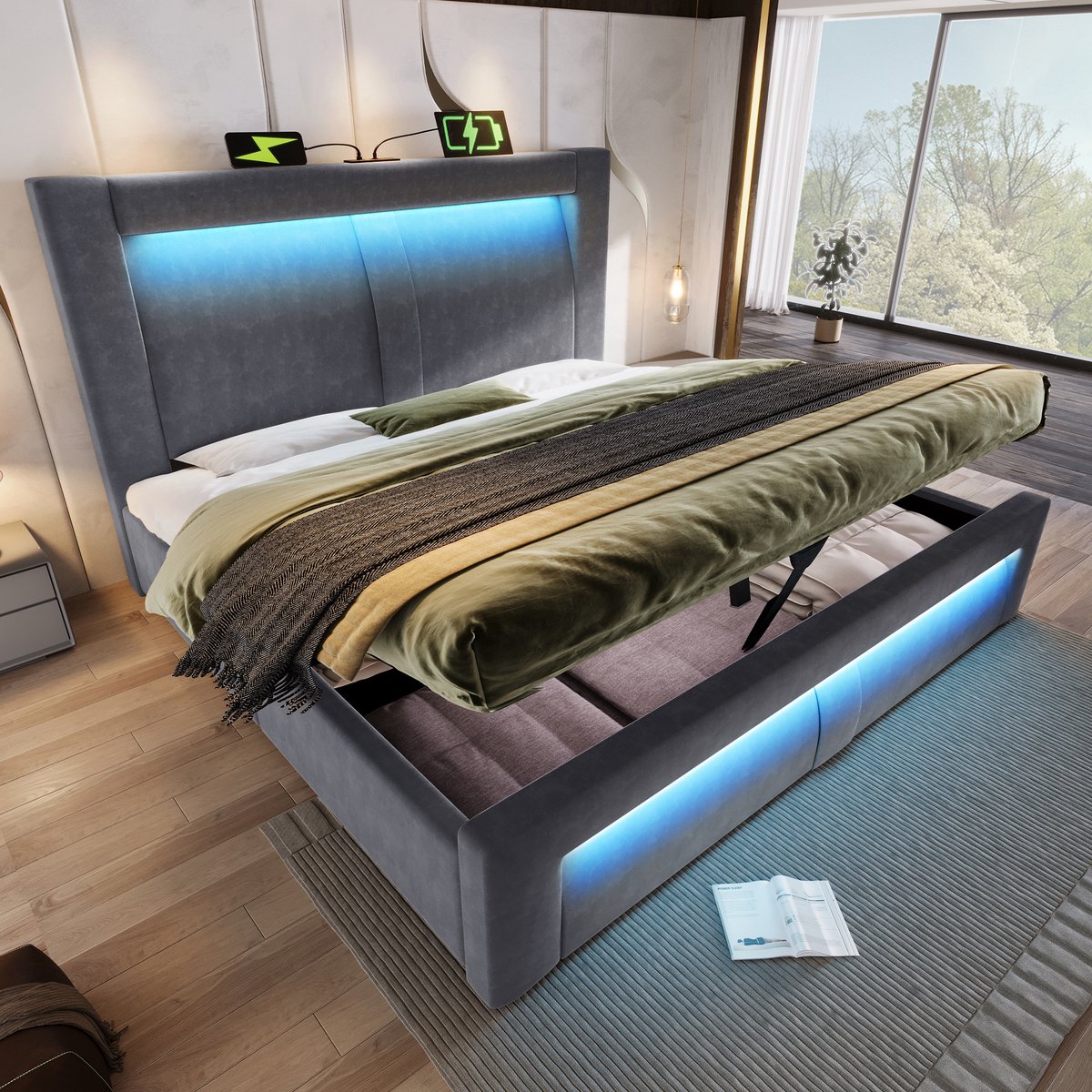 MODFU Bedframe 160x200 cm, fluweel grijs, met opbergruimte, LED en USB/Type-C