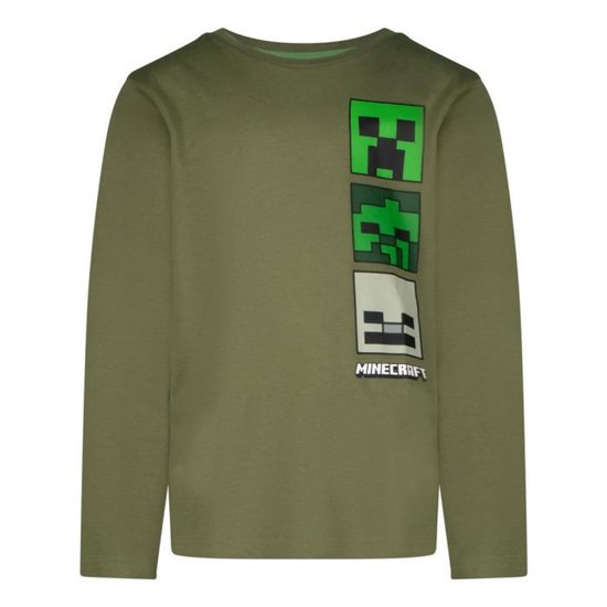 Olijfgroen shirt met lange mouwen en een verticale Minecraft-print van een Creeper, zombie en skelet.